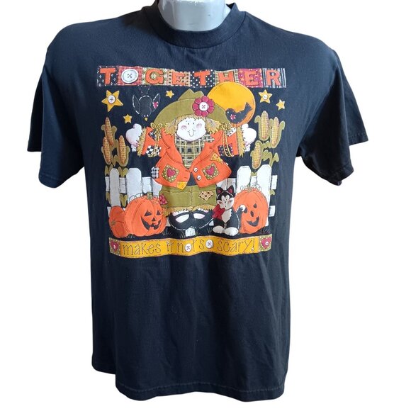 Vintage Medium Halloween T-Shirt Scarecrow & Pumpkins Cottage Grammy - Picture 2 of 4